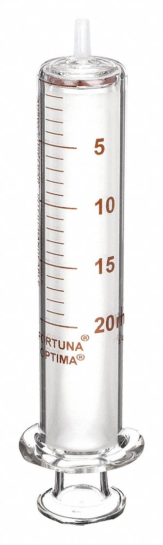 Reusable Glass Syringe: 20 mL Capacity - mL, Luer Slip, Borosilicate Glass, Reusable
