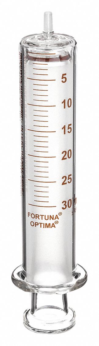 Reusable Glass Syringe: 30 mL Capacity - mL, Luer Slip, Borosilicate Glass, Reusable