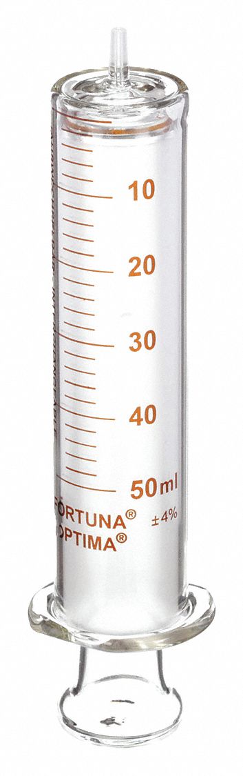 Reusable Glass Syringe: 50 mL Capacity - mL, Luer Slip, Borosilicate Glass, Reusable