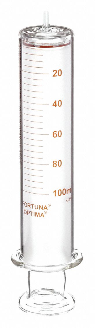 Reusable Glass Syringe: 100 mL Capacity - mL, Luer Slip, Borosilicate Glass, Reusable