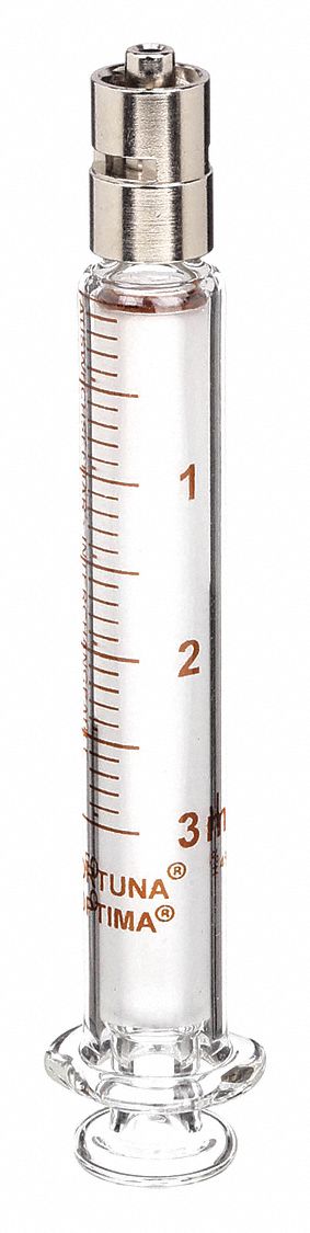 Reusable Glass Syringe: 3 mL Capacity - mL, Luer Lock, Borosilicate Glass, Reusable