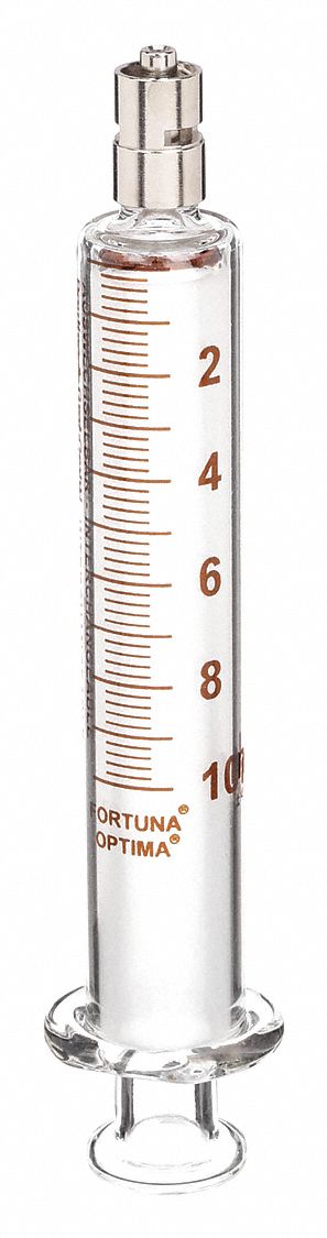 Reusable Glass Syringe: 10 mL Capacity - mL, Luer Lock, Borosilicate Glass, Reusable