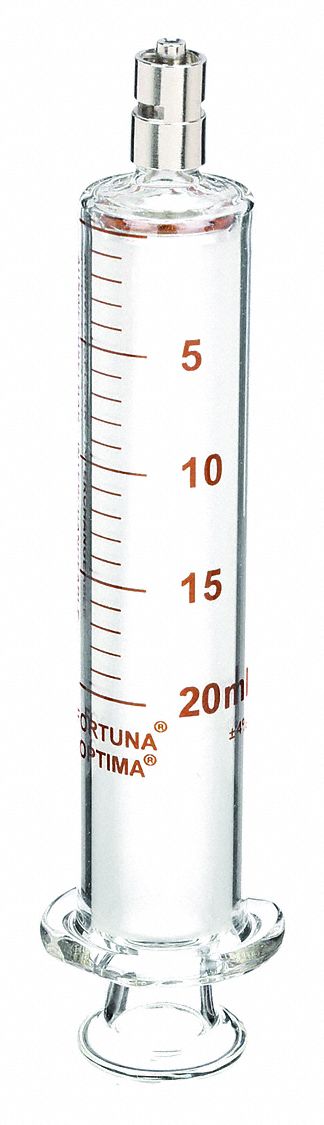 Reusable Glass Syringe: 20 mL Capacity - mL, Luer Lock, Borosilicate Glass, Reusable