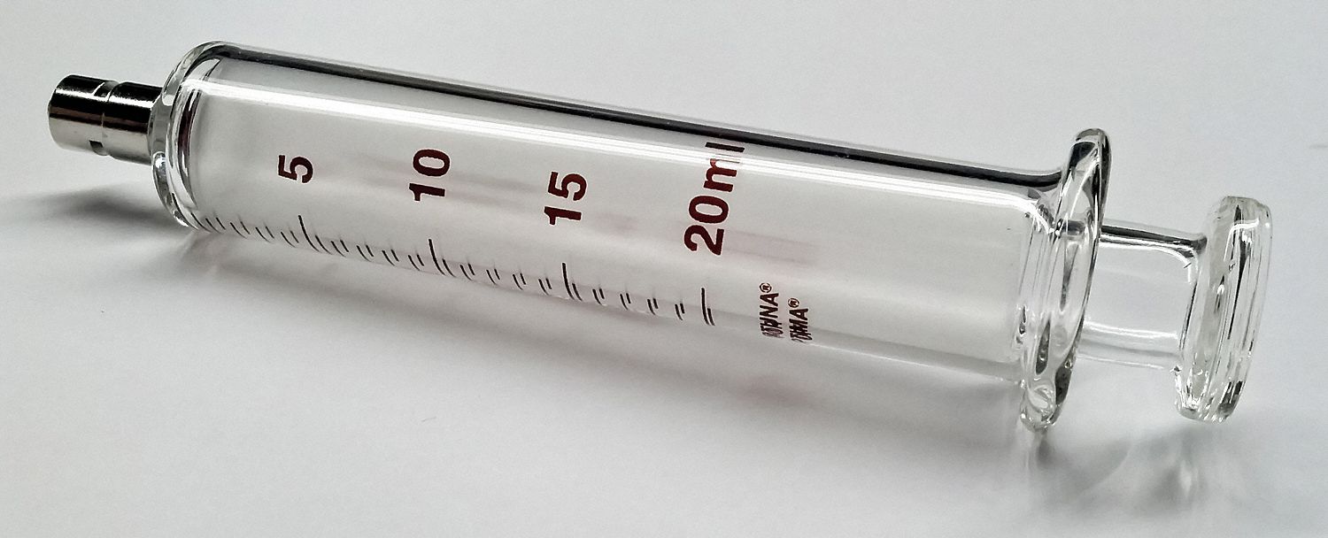 Reusable Glass Syringe: 20 mL Capacity, Glass
