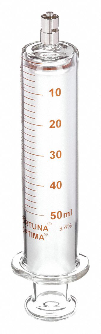 Reusable Glass Syringe: 50 mL Capacity - mL, Luer Lock, Borosilicate Glass, Reusable