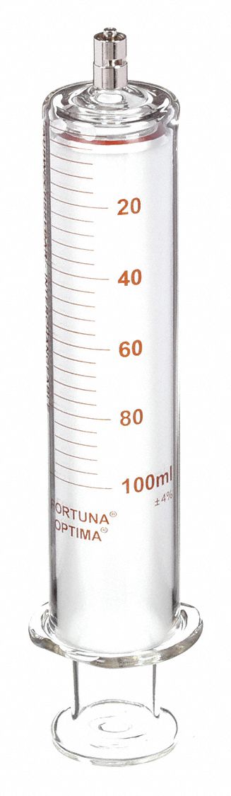 Reusable Glass Syringe: 100 mL Capacity - mL, Luer Lock, Borosilicate Glass, Reusable