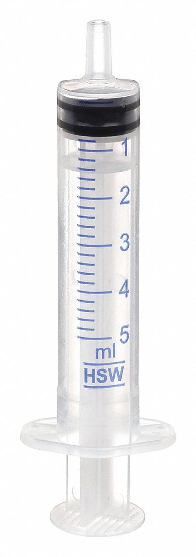 3-Part Disposable Syringe: 5 mL Capacity - mL, Luer Slip, Polypropylene, Polypropylene