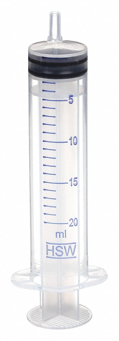 3-Part Disposable Syringe: 20 mL Capacity - mL, Luer Slip, Polypropylene, Polypropylene