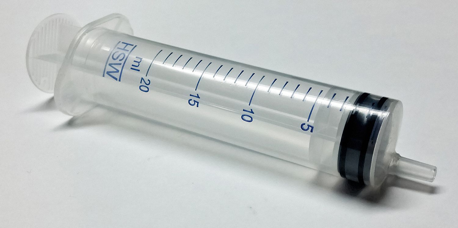 3-Part Disposable Syringe: 20 mL Capacity, Polypropylene, 2.3 mm Tip Inner Dia, 100 PK