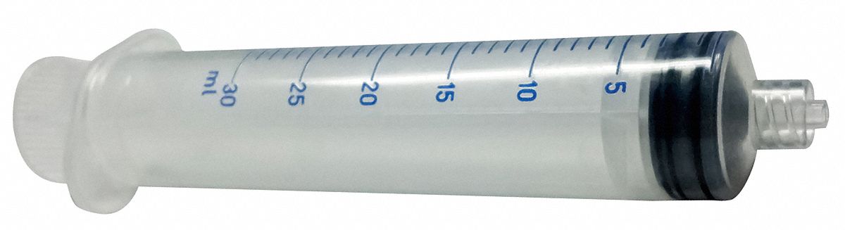 3-Part Disposable Syringe: 30 mL Capacity, Polypropylene, 100 PK