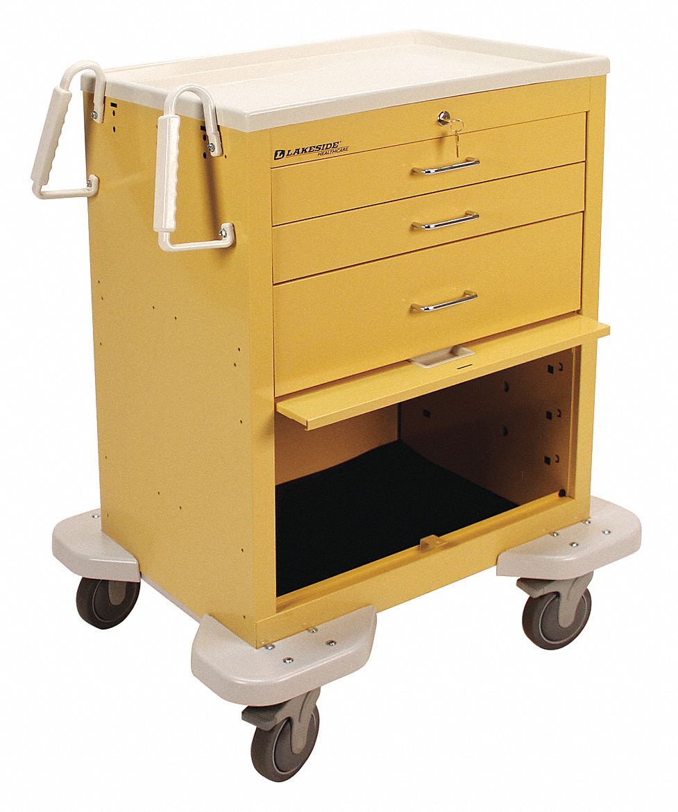 General Medical Supply Cart with Drawers: Steel, (2) Swivel/(2) Swivel with Brake, Yellow