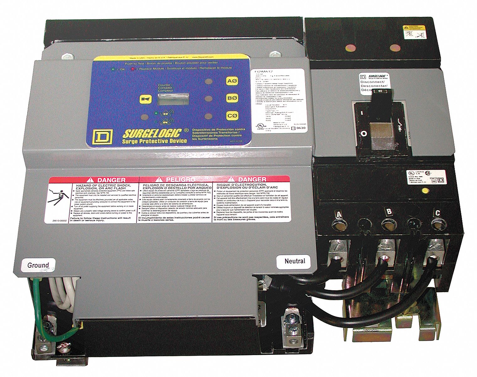 SURGE PROTECTION DEVICE, THREE PHASE, 277/480V AC WYE, 3 POLES, 4 + GROUND WIRES, 320 V AC