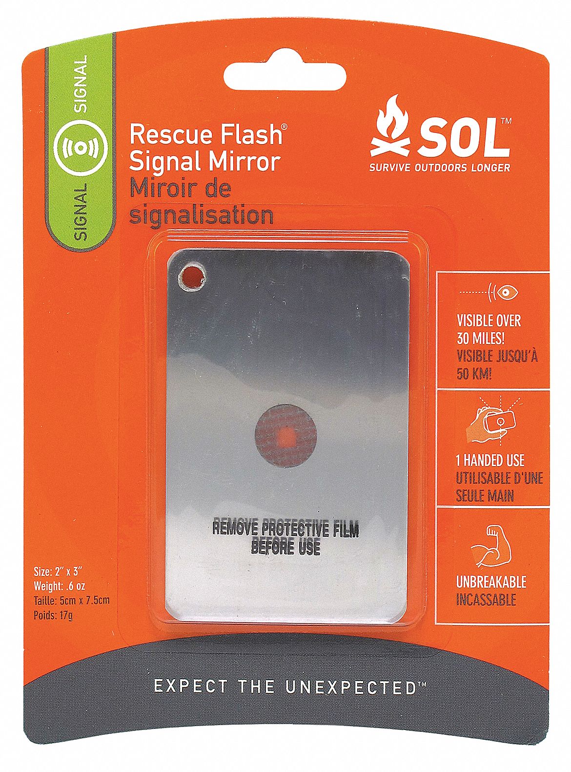 Rescue Flash(TM) Mirror, Packaged: 1, Orange, 1 in Ht, 5 3/8 in Wd, 3 3/4 in Lg
