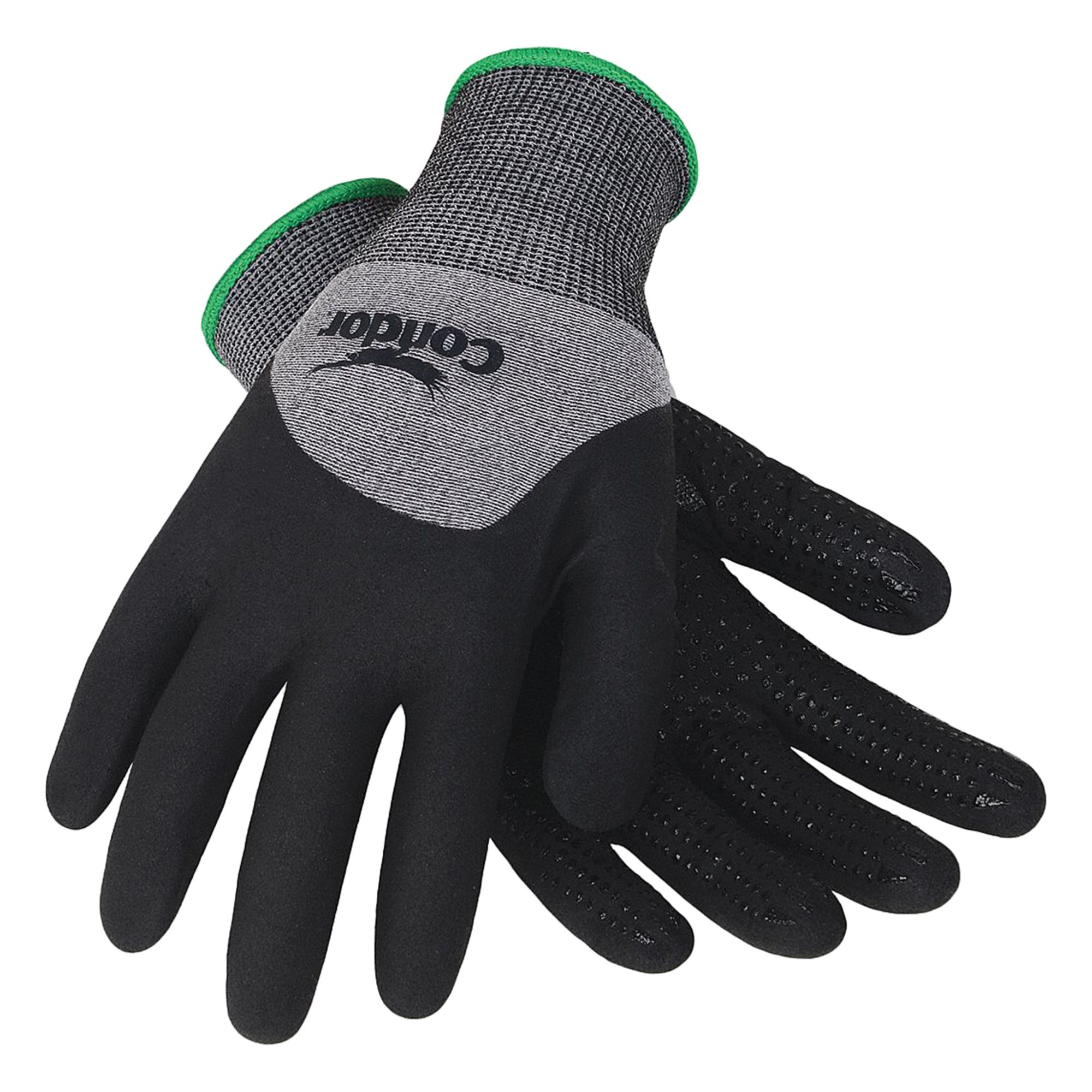 Coated Gloves: L ( 9 ), Dotted, Nitrile, Palm, Dotted/Double Dipped, Nylon ( 15 ga ), 1 PR