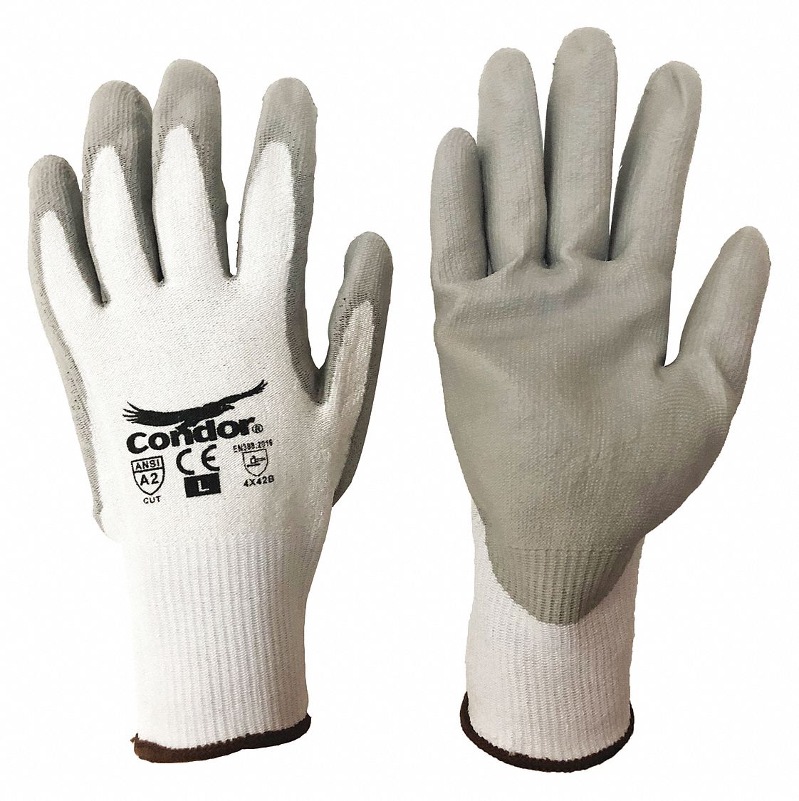 CONDOR Coated Gloves: M ( 8 ), ANSI Cut Level A2, Palm, Dipped,  Polyurethane, HPPE ( 13 ga ), 1 PR