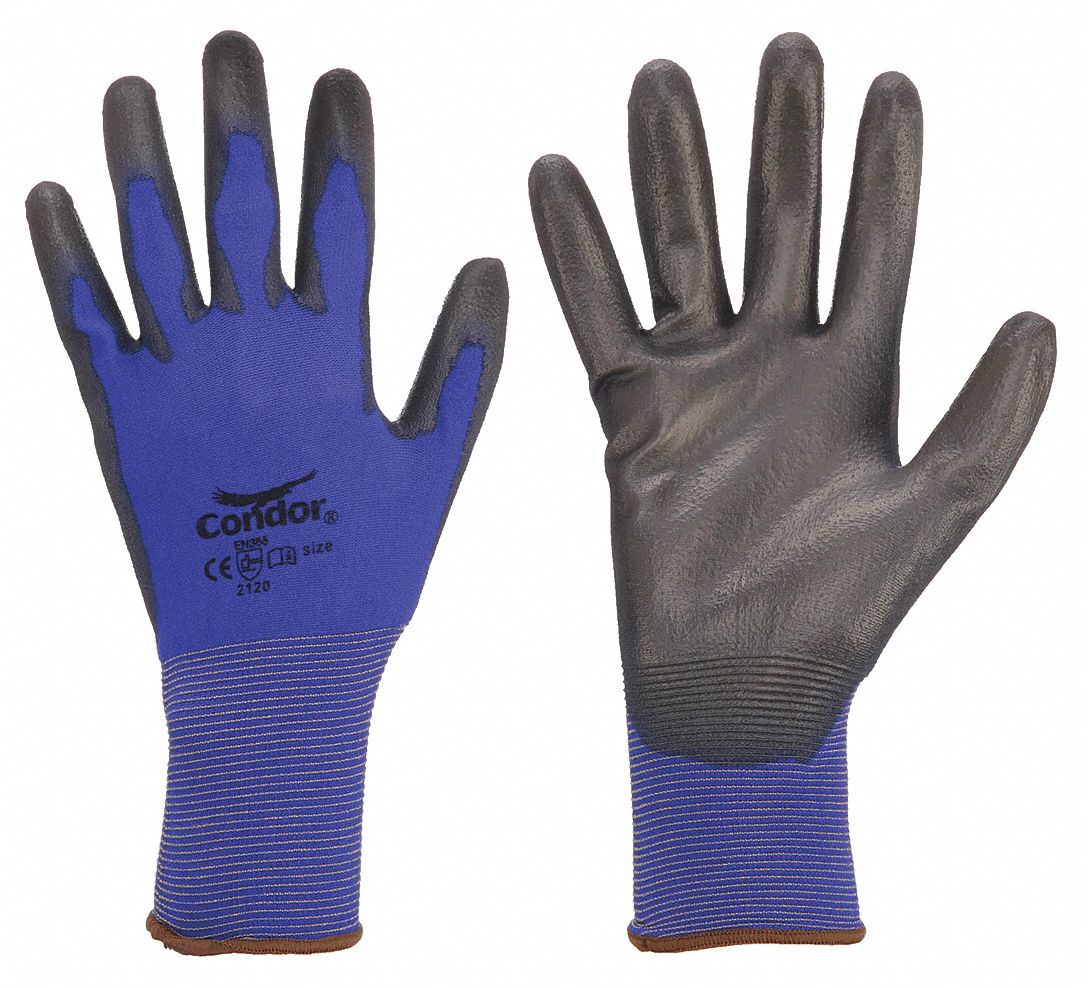 COATED GLOVES, M (8), SMOOTH, PUR, DIPPED PALM, ANSI ABRASION LEVEL 3, BLUE/BLACK