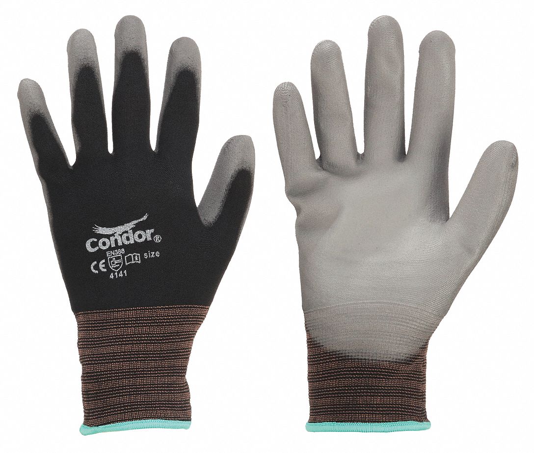 COATED GLOVES, S (7), SMOOTH, PUR, DIPPED PALM, ANSI ABRASION LEVEL 3,  GREY/BLACK