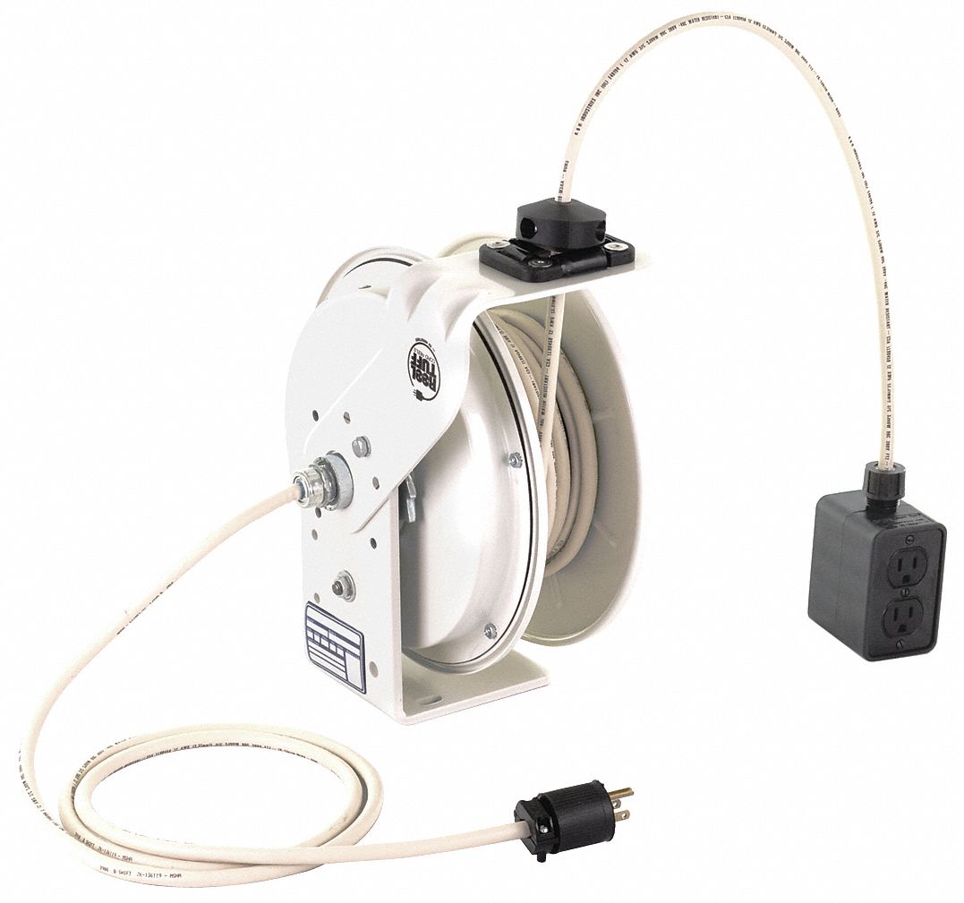 Retractable Cord Reel, 120V AC, Quad Box Receptacle, 25 ft, White