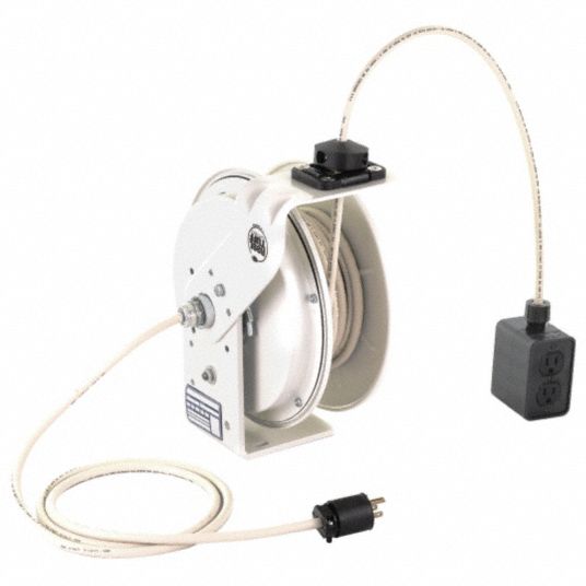 Retractable Cord Reel, 120V AC, Quad Box Receptacle, 25 ft, White Reel