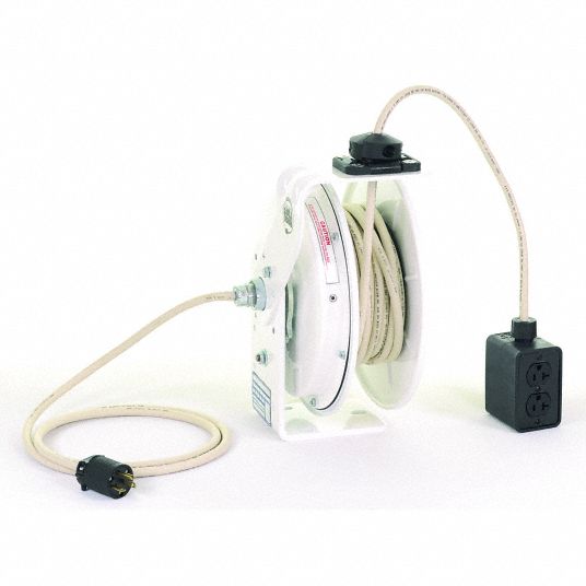 Retractable Cord Reel, 120V AC, Quad Box Receptacle, 25 ft, White