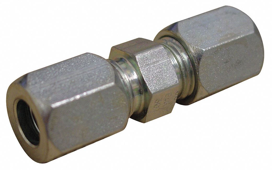 Compression Tube Fitting: M12 x 1.5 Metric Thread Size, 6 Dash Size, 1.25 in Lg, Carbon Steel