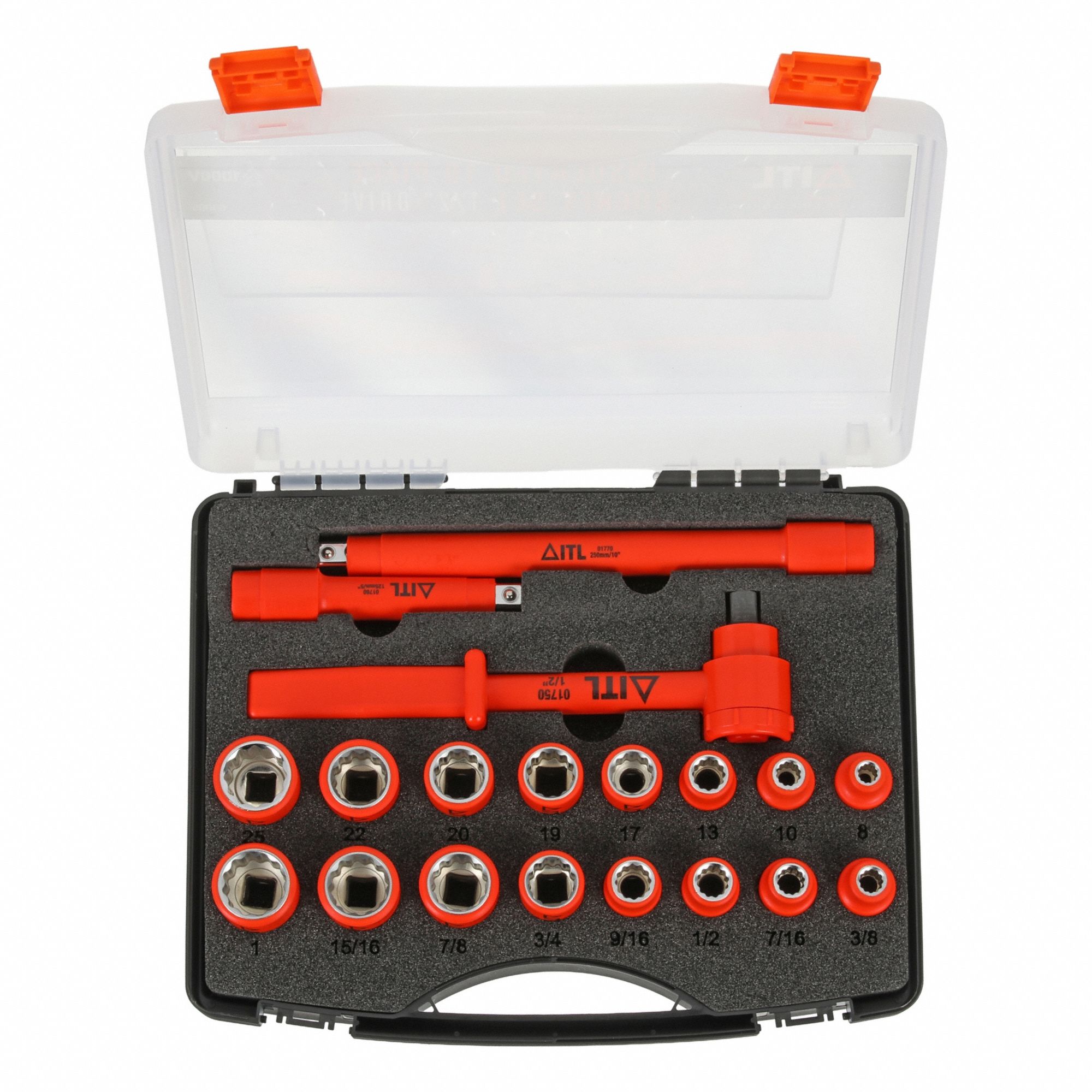 Socket Wrench Set: 1/2 in Drive Size, 19 Pieces, 3/8 in to 1 in/8 mm to 25 mm Socket Size Range