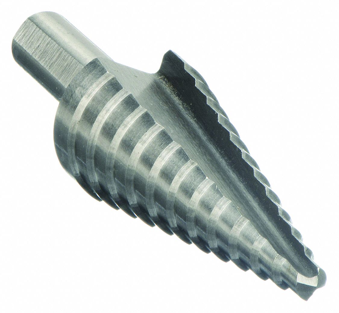 Step Drill Bit: 3/16" to 7/8", HSS, Hex Shank