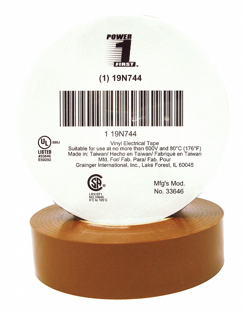 INSULATING ELECTRICAL TAPE, GENERAL PURPOSE, PREMIUM, VINYL, ¾ IN X 66 FT, BROWN