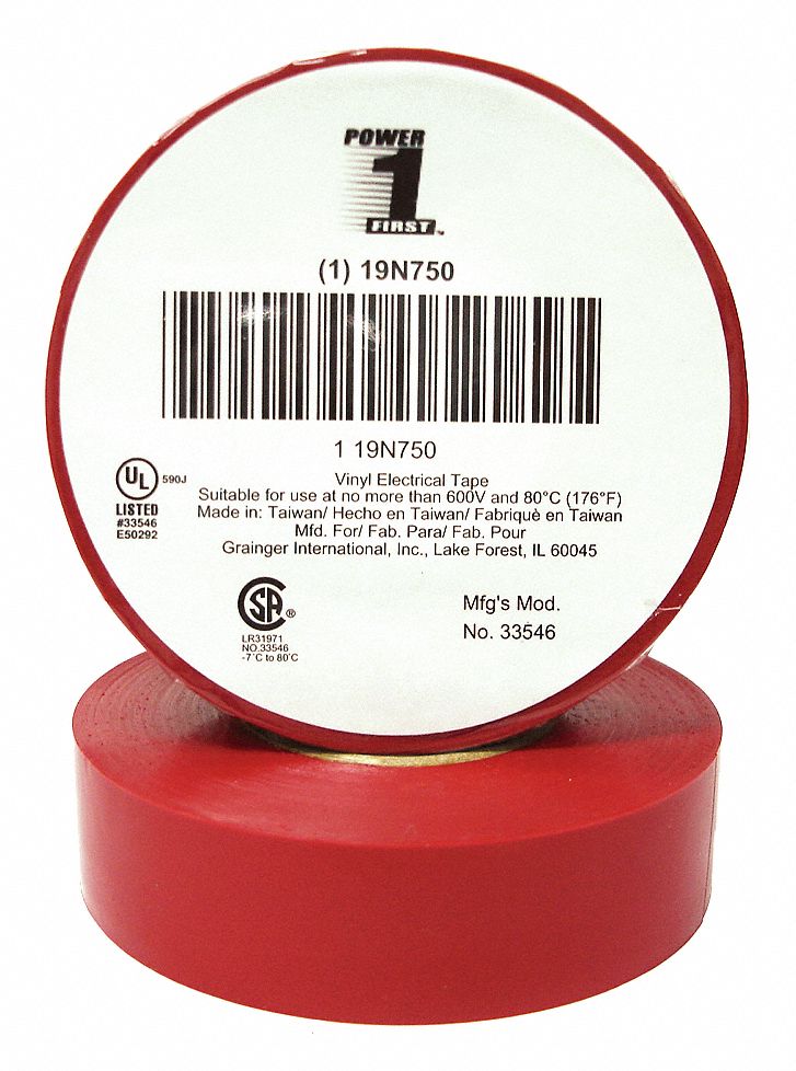 INSULATING ELECTRICAL TAPE, GENERAL PURPOSE, ECONOMY, VINYL, ¾ IN X 60 FT, RED, RED