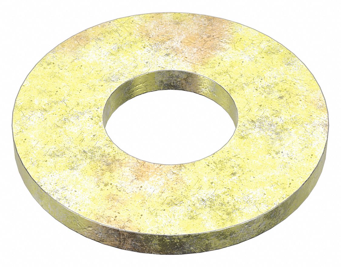 Flat Washer: Through Hardened, Zinc Yellow, Steel, 1/4 in Screw Sz, 0.281 in In Dia, 100 PK