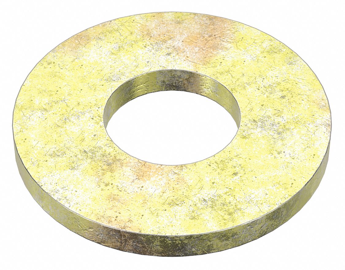 Flat Washer: Through Hardened, Zinc Yellow, Steel, 5/16 in Screw Sz, 0.344 in In Dia, 100 PK