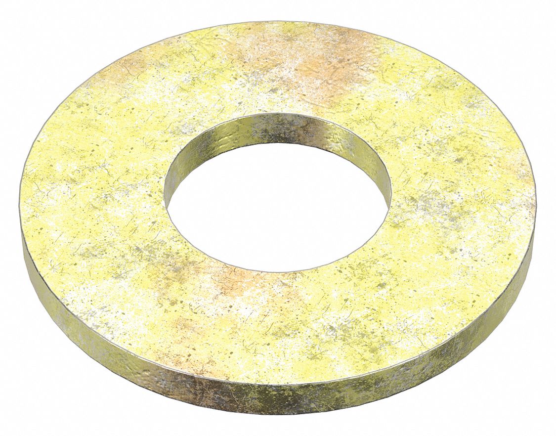 Flat Washer: Through Hardened, Zinc Yellow, Steel, 3/8 in Screw Sz, 0.406 in In Dia, 100 PK
