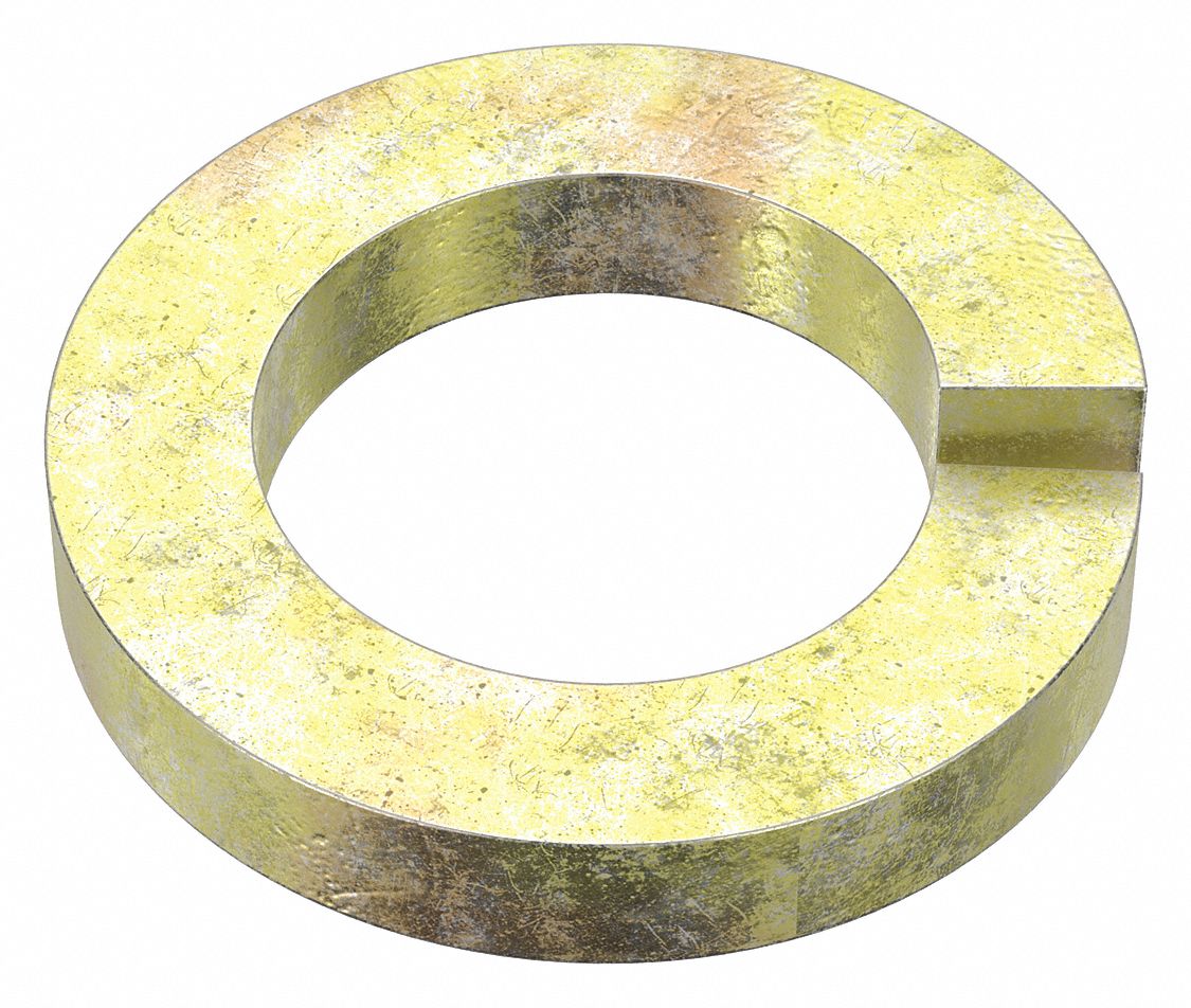 Split Lock Washer: Through Hardened, Zinc Yellow, Steel, 1 1/2 in Screw Sz, 3/8 in Max Thick, 5 PK
