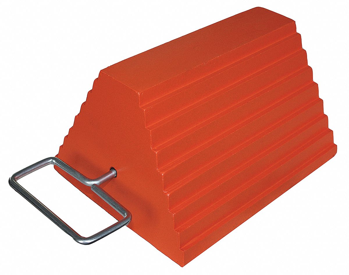 WHEEL CHOCK, RUBBER, 9¼ IN OVERALL L, 8 IN OVERALL W, 6 IN OVERALL H, 1 CHOCK, ORANGE, RUBBER
