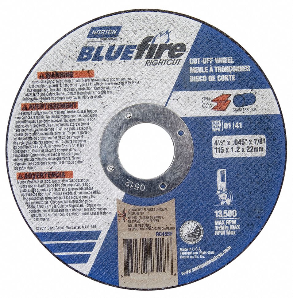 NORTON 4 1/2 in, Type 1 Zirconia Alumina Abrasive CutOff Wheel, 7/8 in