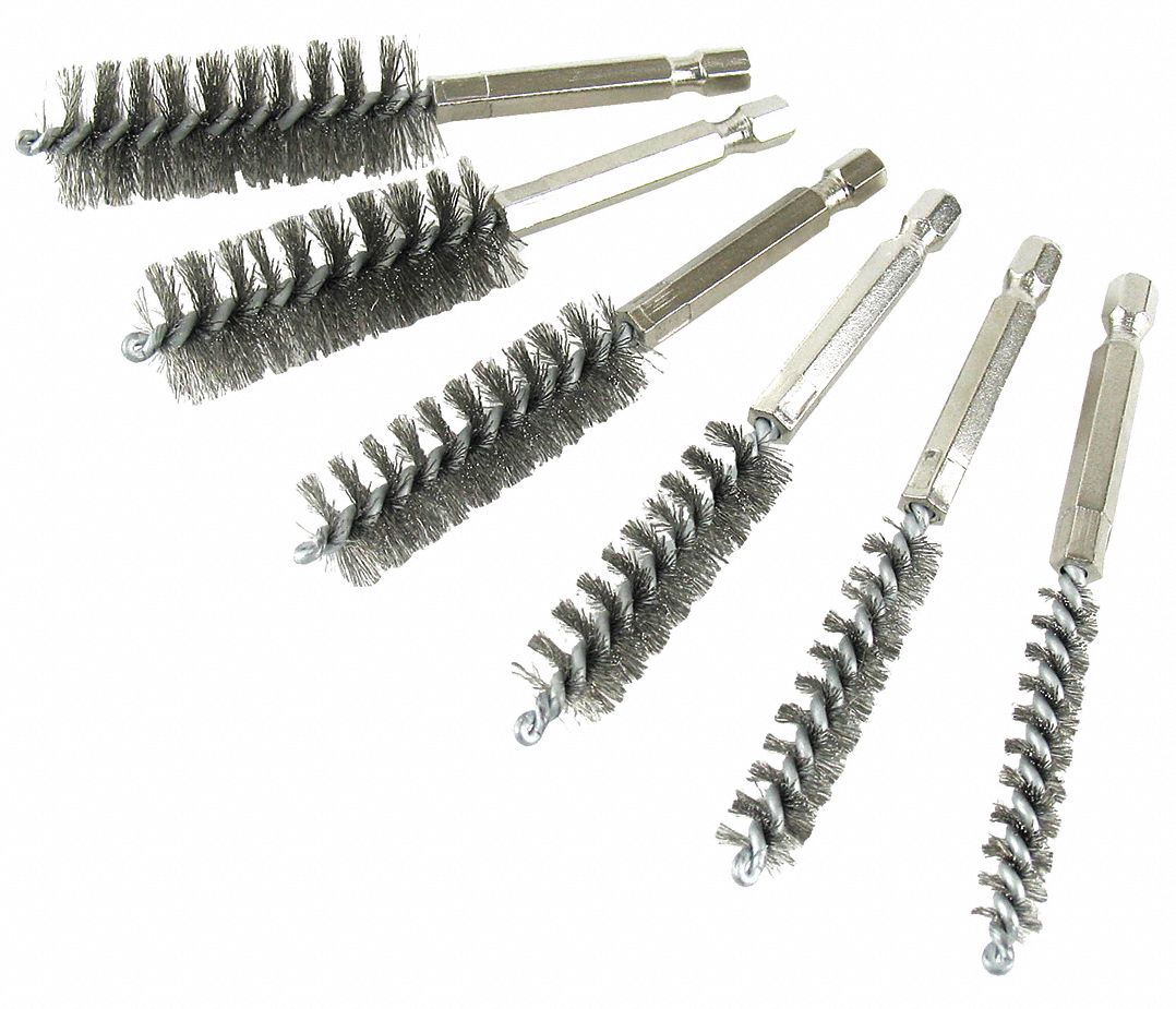 Bore Brush Set: Hex Handle, Stainless Steel Bristle, Silver, 3 in Brush Lg, Stainless Steel