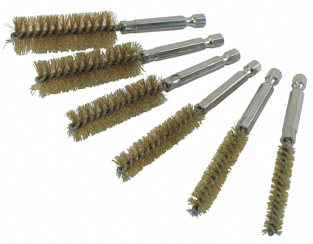 Bore Brush Set: Hex Handle, Brass Bristle, Brass, 3 in Brush Lg, Stainless Steel