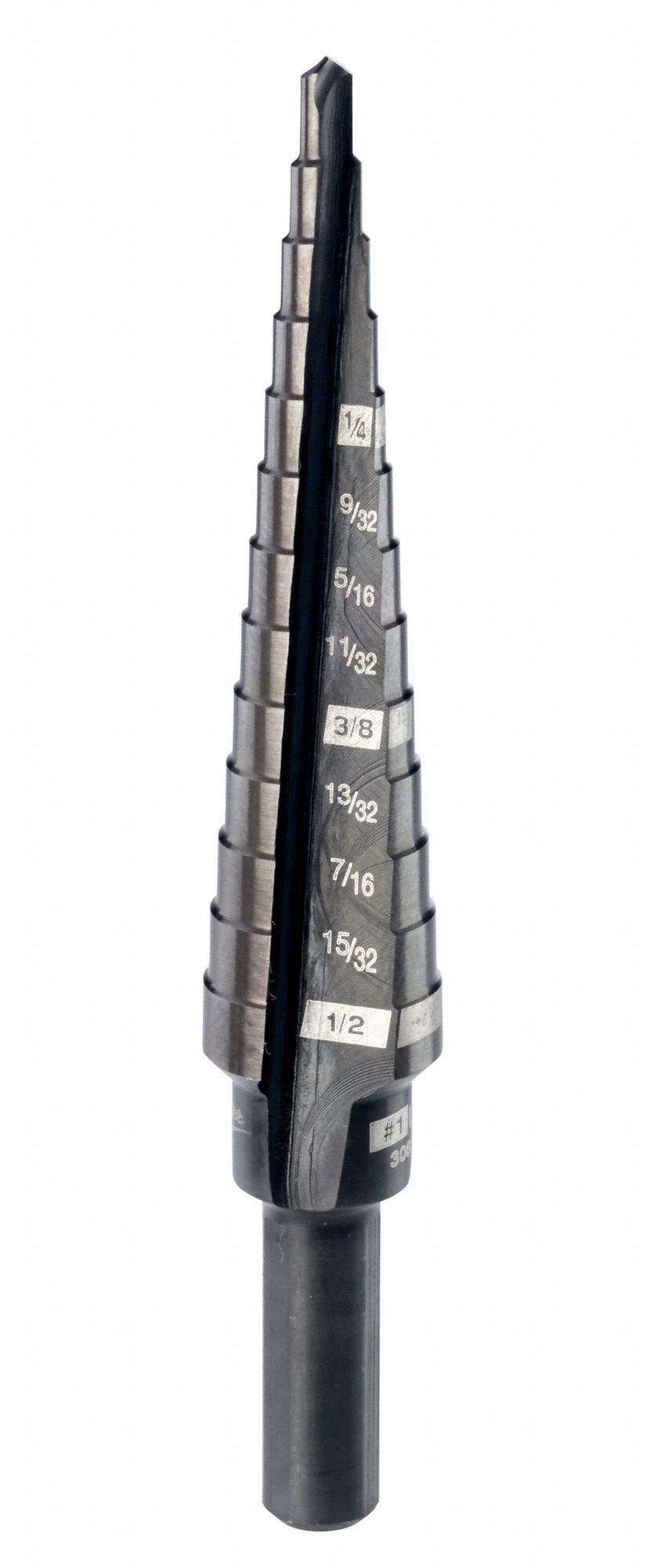 Step Drill Bit: 1/8" to 1/2", Black Oxide HSS, 3-Flats Shank