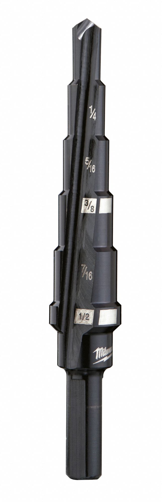 Step Drill Bit: 3/16" to 1/2", Black Oxide HSS, 3-Flats Shank