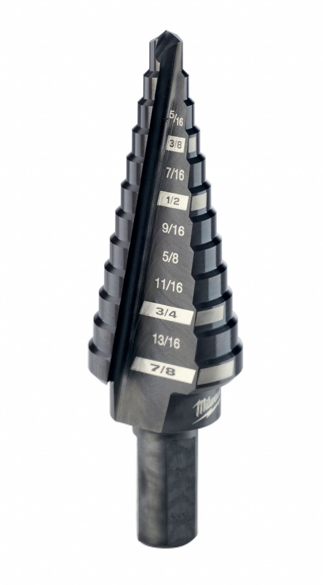 Step Drill Bit: 3/16" to 7/8", Black Oxide HSS, 3-Flats Shank