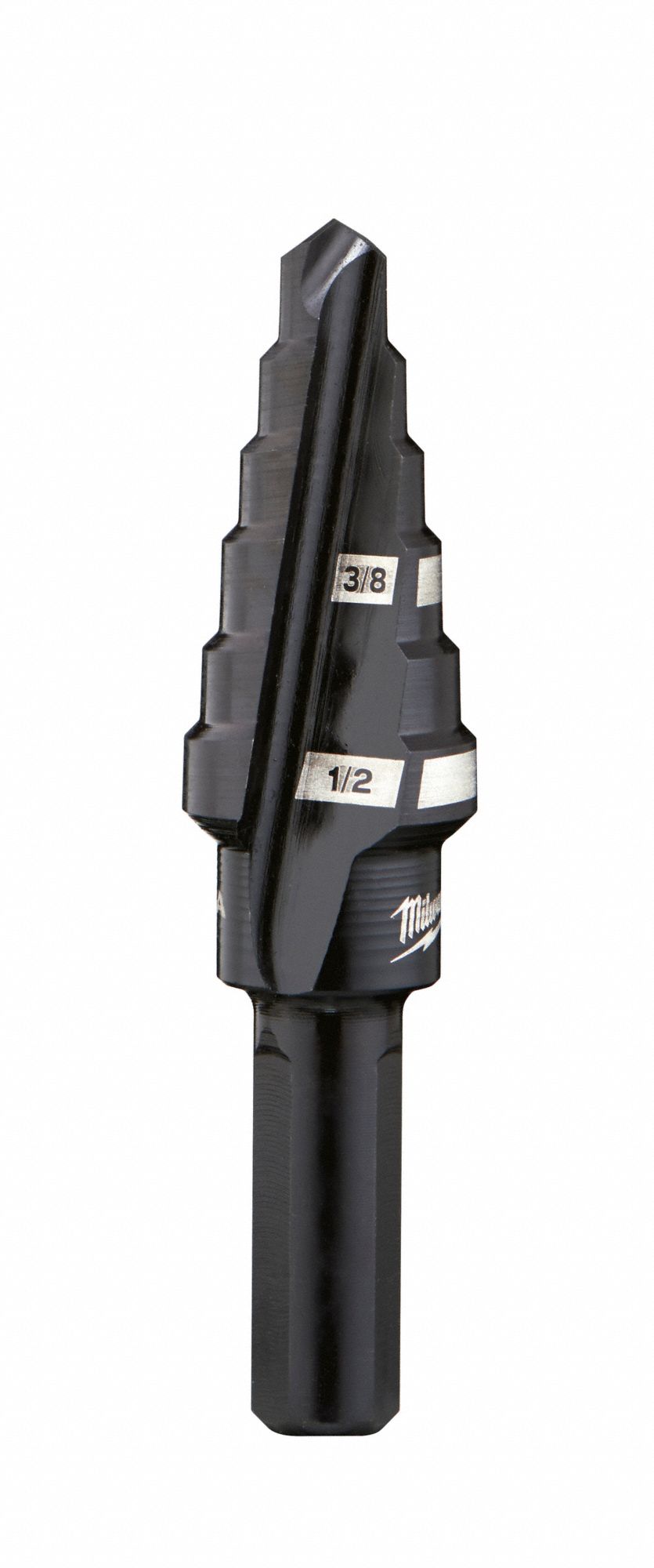 Step Drill Bit: 3/8" to 1/2", Black Oxide HSS, 3-Flats Shank