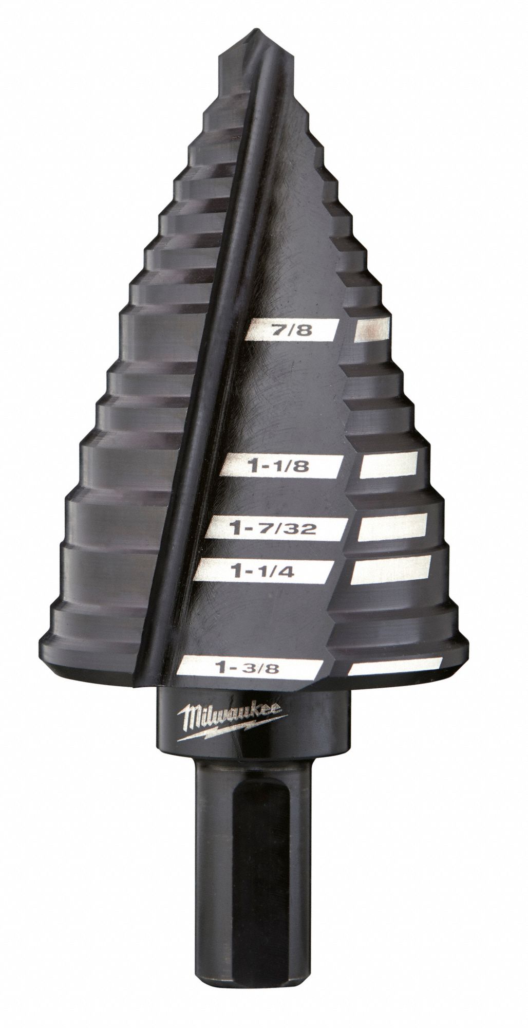 Step Drill Bit: 7/8" to 1-3/8", Black Oxide HSS, 3-Flats Shank