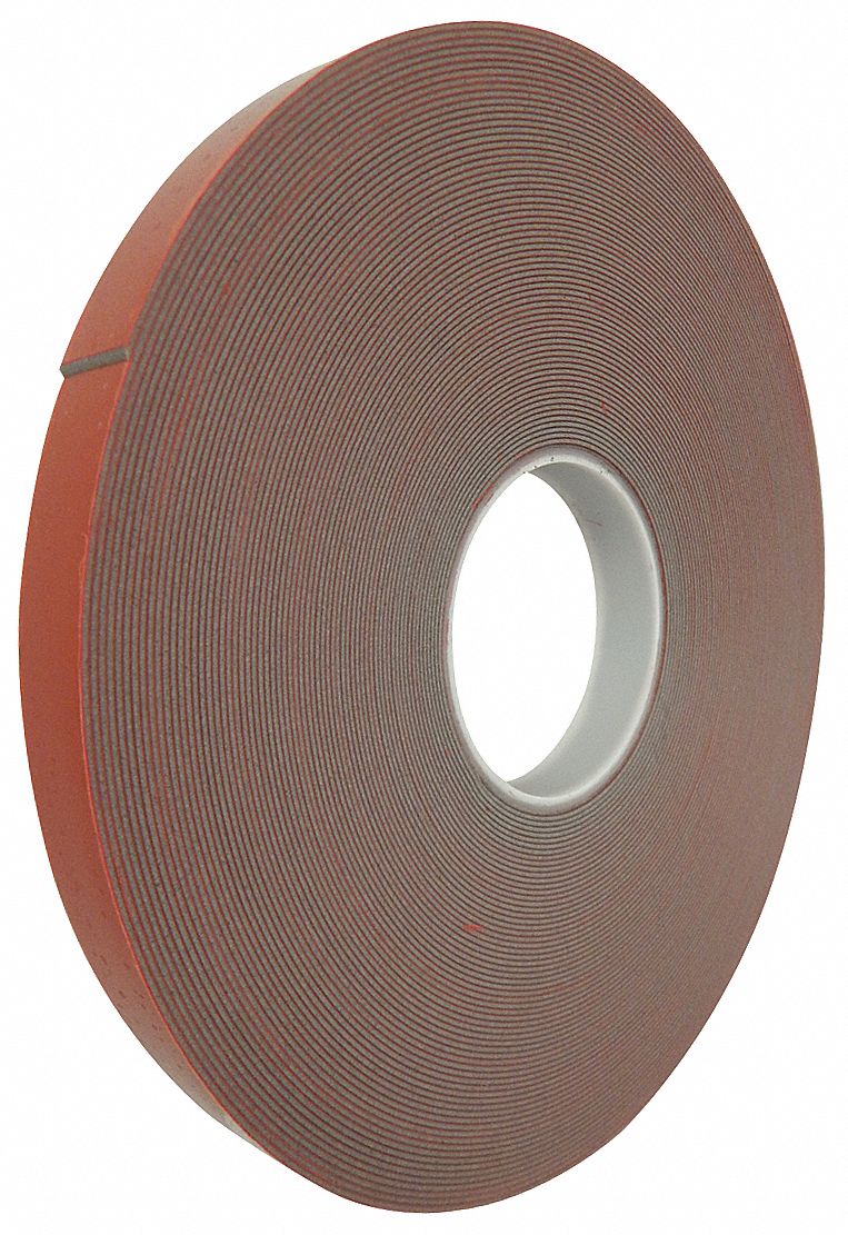 Double-Sided Foam Tape: Gray, 1/2 in x 36 yd, 1/16 in Tape Thick, Acrylic, Indoor Only, 60° to 100°F