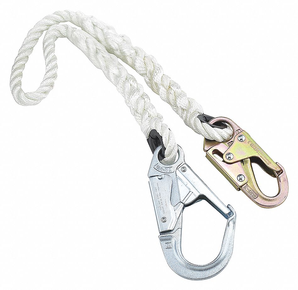 POSITIONING LANYARD, SCAFFOLD HOOK, 386 LB CAPACITY, WHITE, 4 FT L, 5/8 IN ROPE DIA, STEEL/NYLON