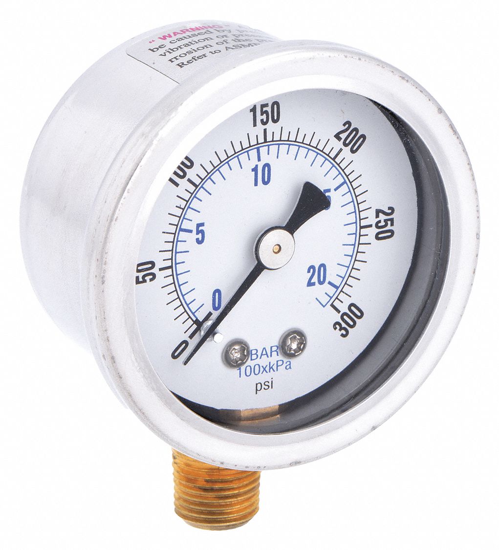 Industrial Pressure Gauge: 0 psi / Hg to 300 psi, 1 1/2 in Dial, 1/8 in NPT Male, Bottom