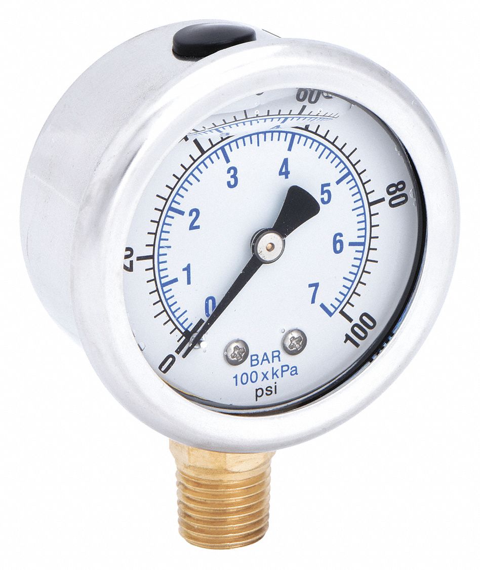 Industrial Pressure Gauge: 0 psi / Hg to 100 psi, 2 in Dial, 1/4 in NPT Male, Bottom
