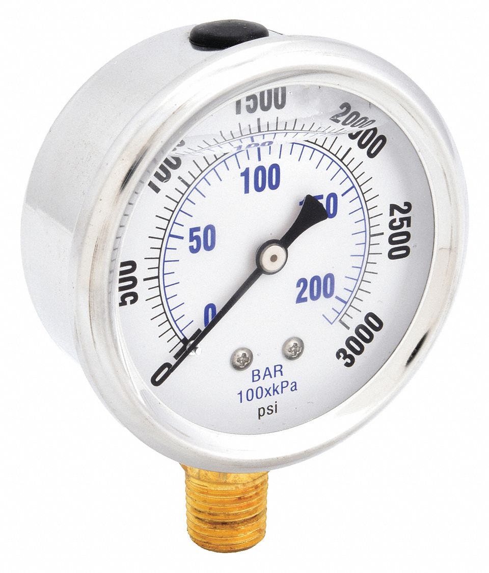 Industrial Pressure Gauge: 0 psi / Hg to 3, 000 psi, 2 1/2 in Dial, 1/4 in NPT Male, 201L