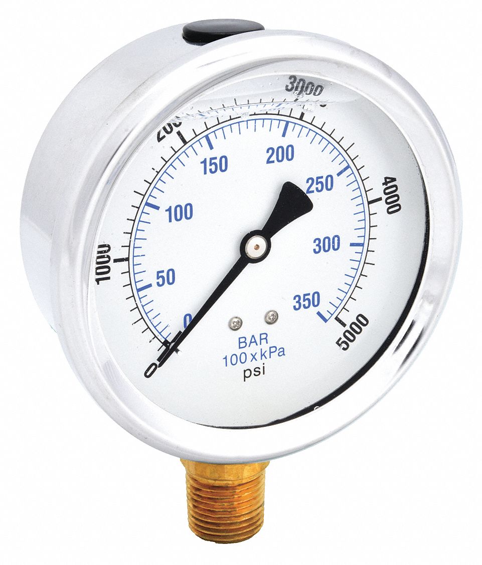 Industrial Pressure Gauge: 0 psi / Hg to 5, 000 psi, 4 in Dial, 1/2 in NPT Male, Bottom