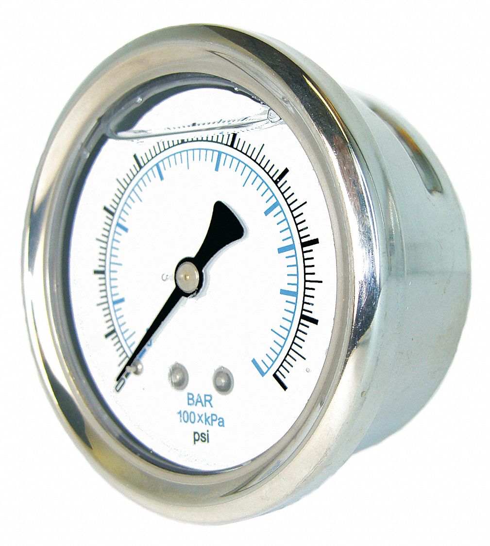 PIC Gauge PRO-201L-254C Glycerin Filled Industrial Bottom Mount Pressure Gauge with Stainless Steel Case Plastic Lens 1/4 Male NPT 0/30 psi 2-1/2 Dial Size Brass Internals