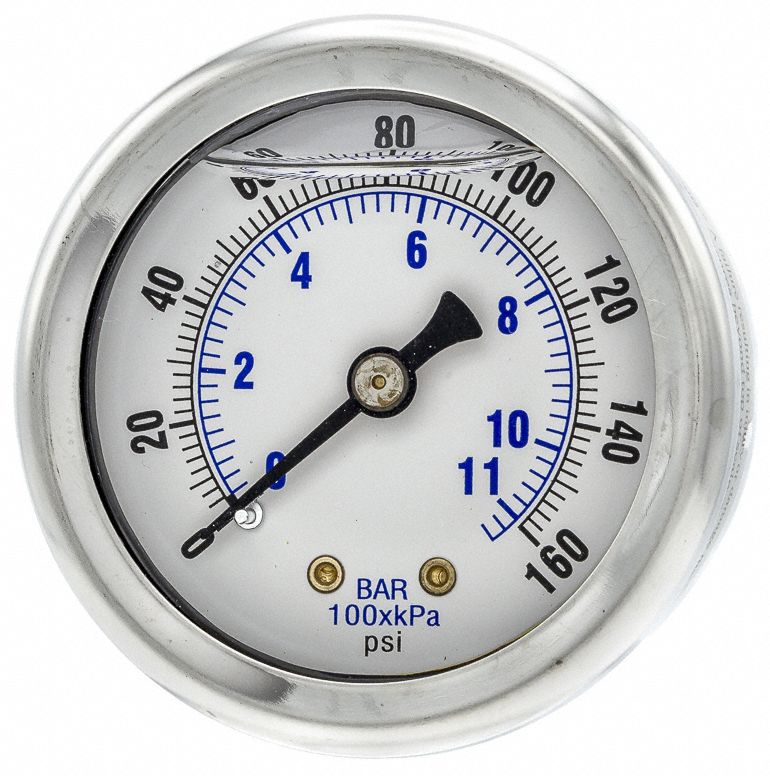 and Polycarbonate Lens Stainless Steel Bezel Center Back Mount Single Scale Glycerine Filled Pressure Gauge with a Stainless Steel Case PIC Gauge S202L-254F 2.5 Dial 1/4 Male NPT Connection Size 0/160 psi Range Brass Internals
